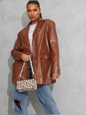 Brand New PLT Vintage Chocolate Brown 90s Leather Retro Dad Blazer Small Jacket